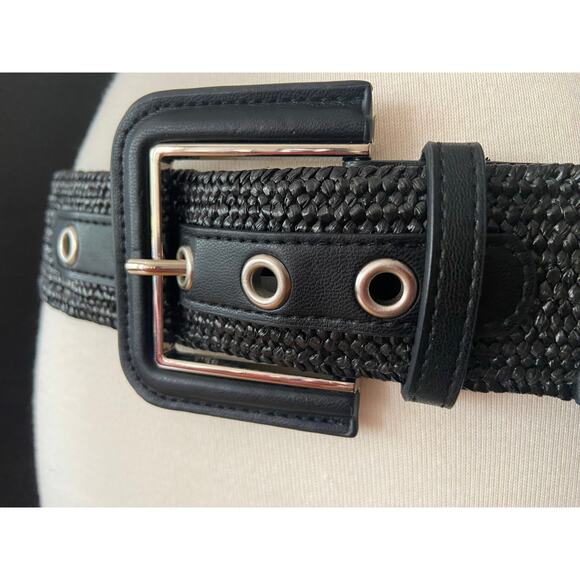 NINE WEST Wide Black Stretch Raffia Waist Belt sz M/L - Picture 2 of 10